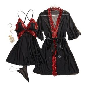 Elegant Black and Red Lace Babydoll Nightie and Robe Set sz S.  NWOT
